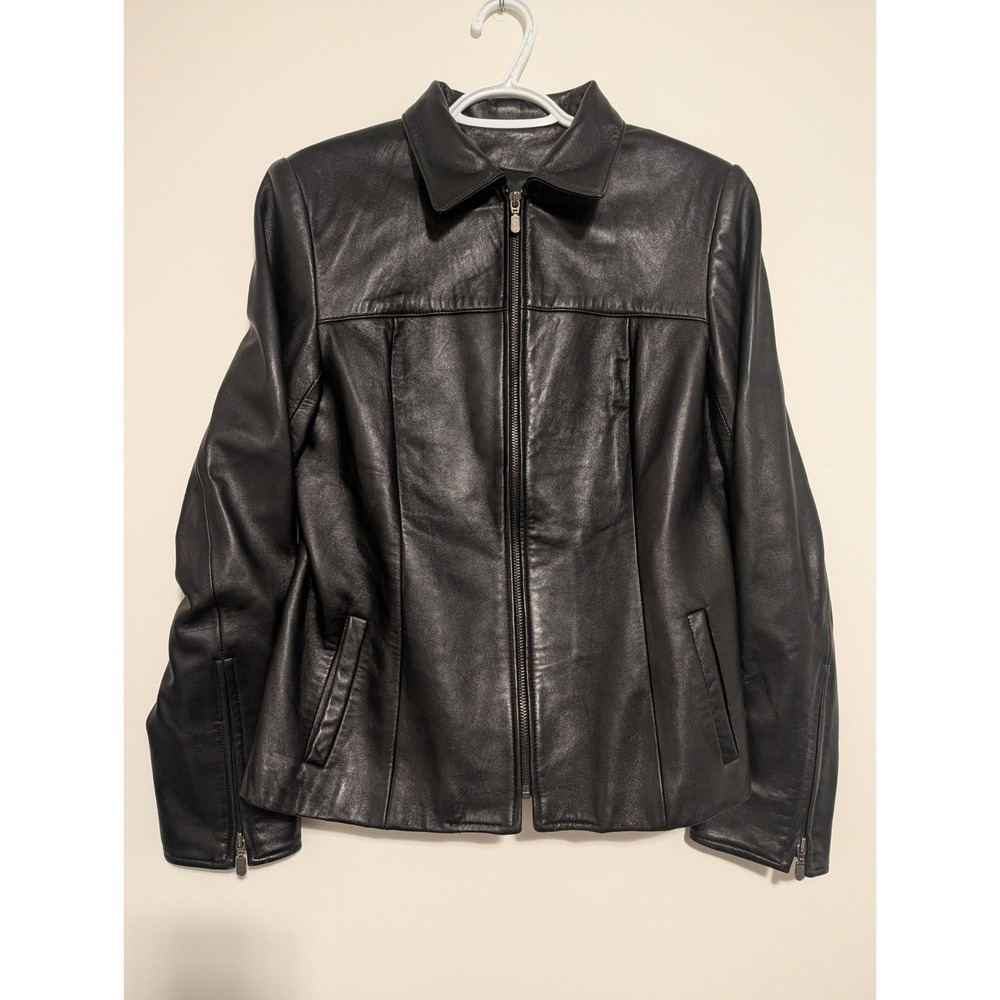 Identify Black Leather Biker‎ Jacket Very Soft Women's Size 12 Fitted Zip Accent